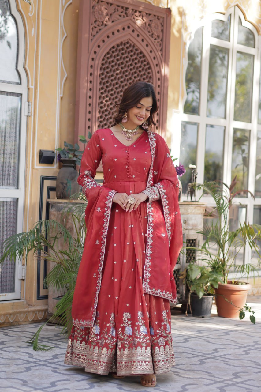 Viscose Cosmos Embroidered Gown Set With Dupatta