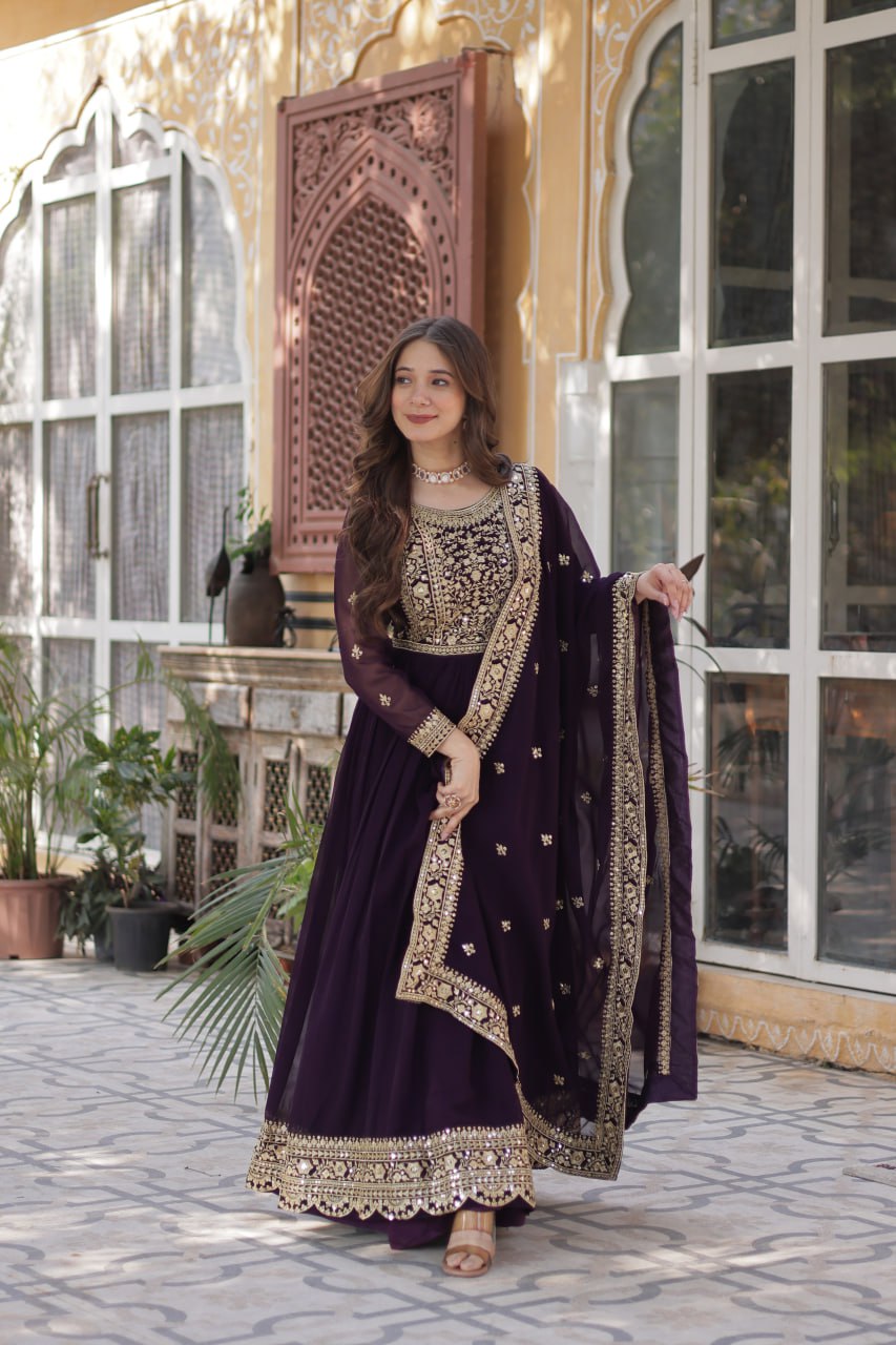 Elegant Faux Georgette Embroidered Gown With Dupatta