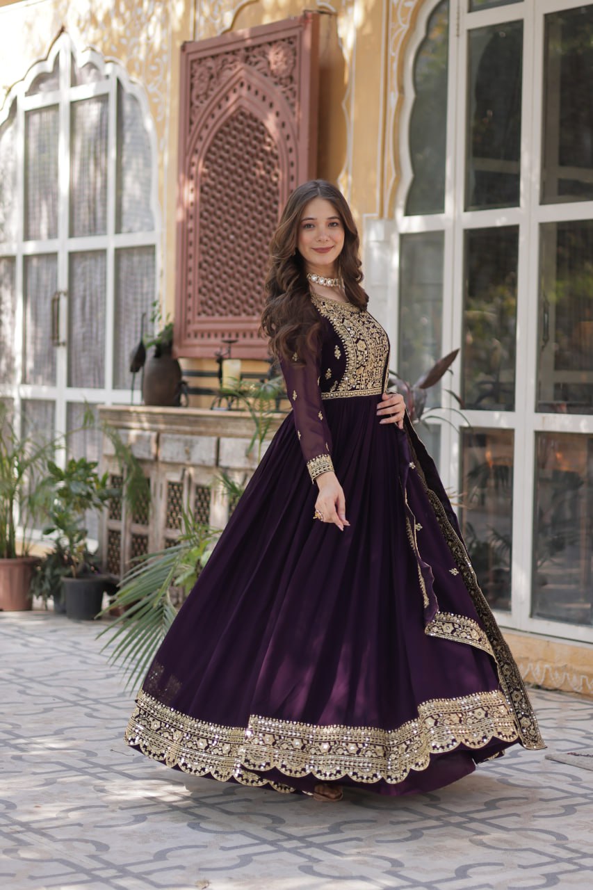 Elegant Faux Georgette Embroidered Gown With Dupatta