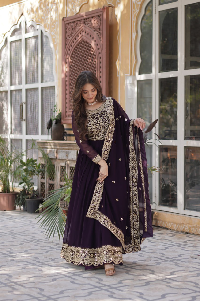Elegant Faux Georgette Embroidered Gown With Dupatta