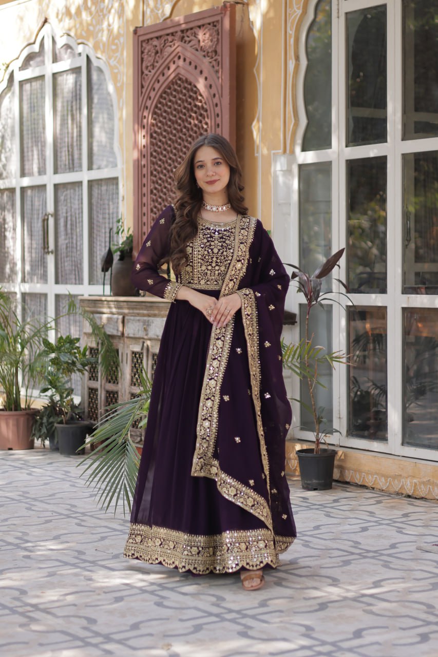 Elegant Faux Georgette Embroidered Gown With Dupatta