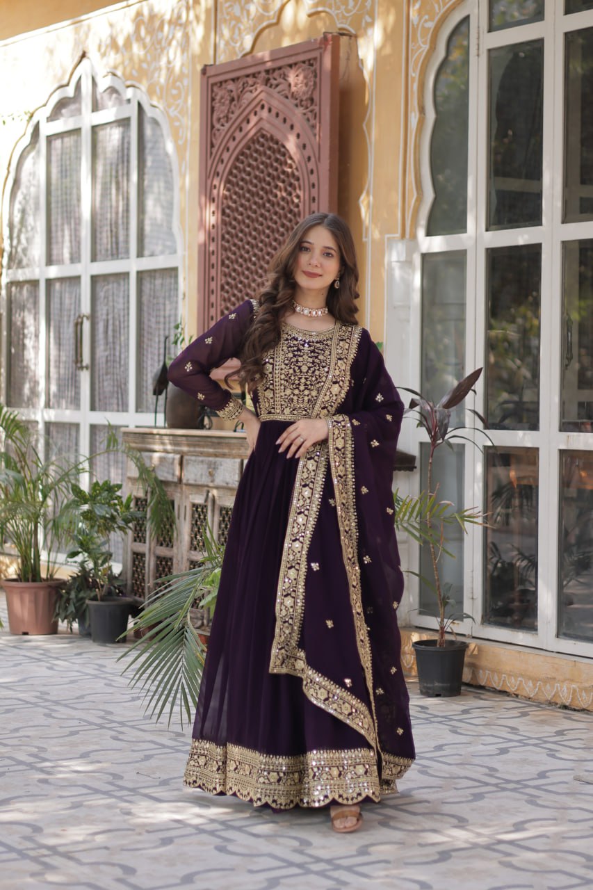 Elegant Faux Georgette Embroidered Gown With Dupatta
