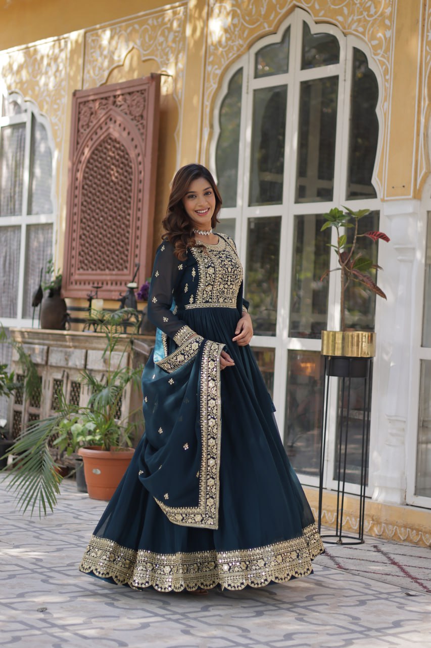 Elegant Faux Georgette Embroidered Gown With Dupatta