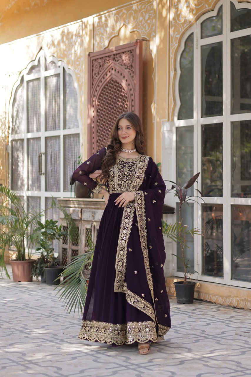 Elegant Faux Georgette Embroidered Gown With Dupatta