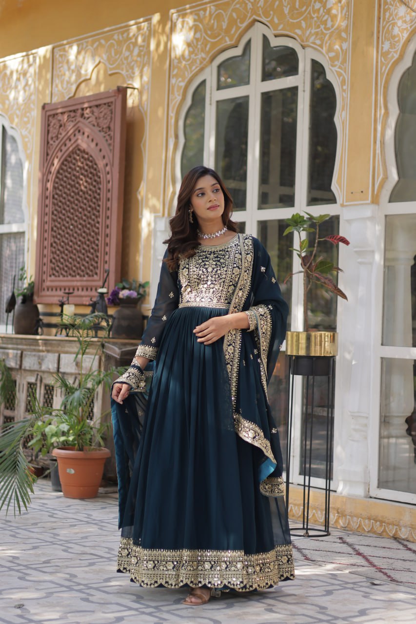 Elegant Faux Georgette Embroidered Gown With Dupatta