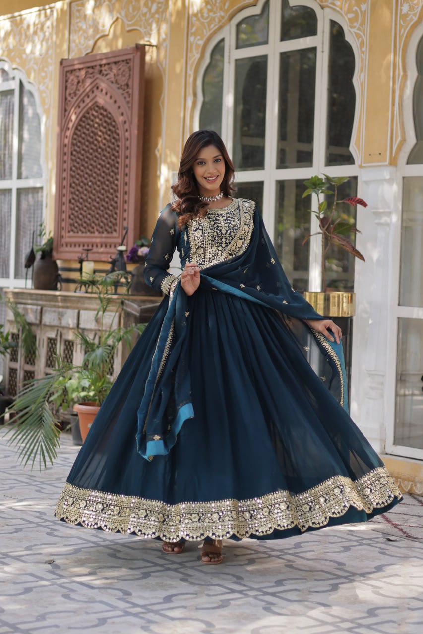 Elegant Faux Georgette Embroidered Gown With Dupatta