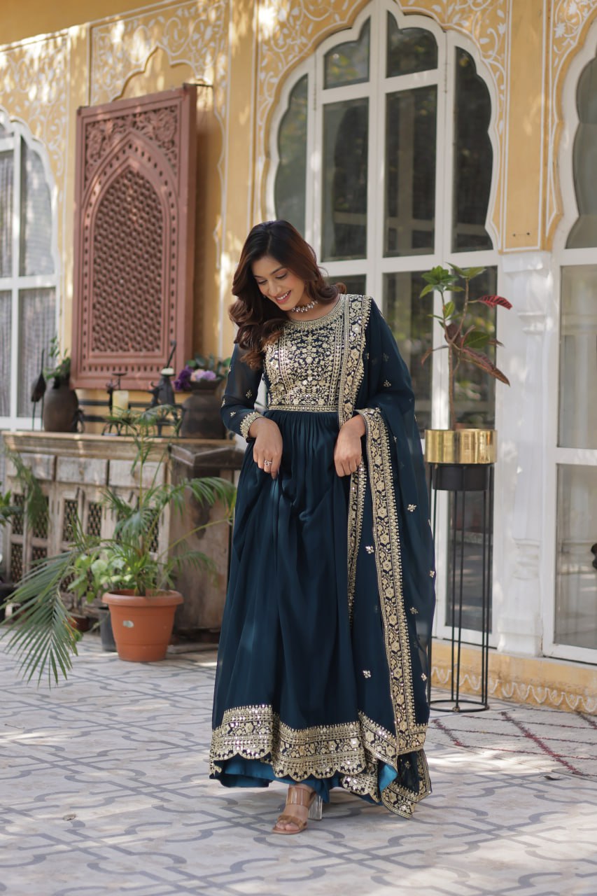 Elegant Faux Georgette Embroidered Gown With Dupatta