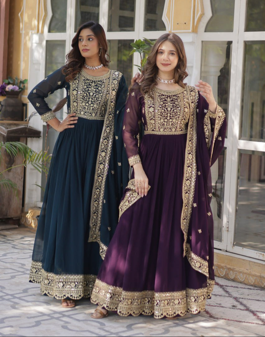 Elegant Faux Georgette Embroidered Gown With Dupatta