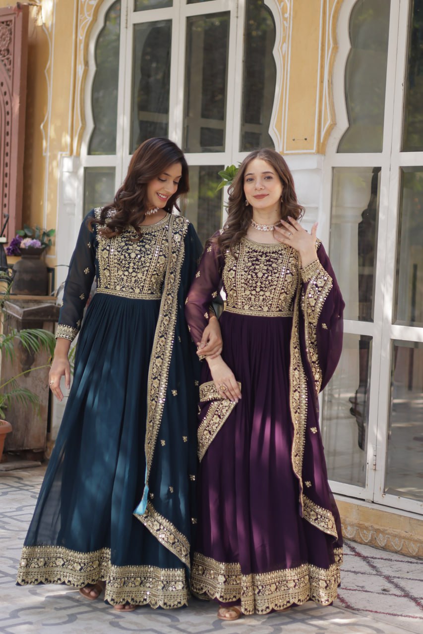Elegant Faux Georgette Embroidered Gown With Dupatta