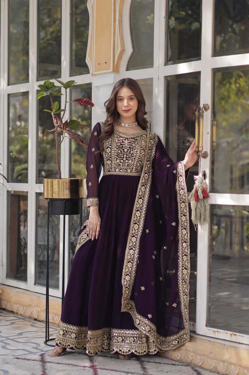 Elegant Faux Georgette Embroidered Gown With Dupatta
