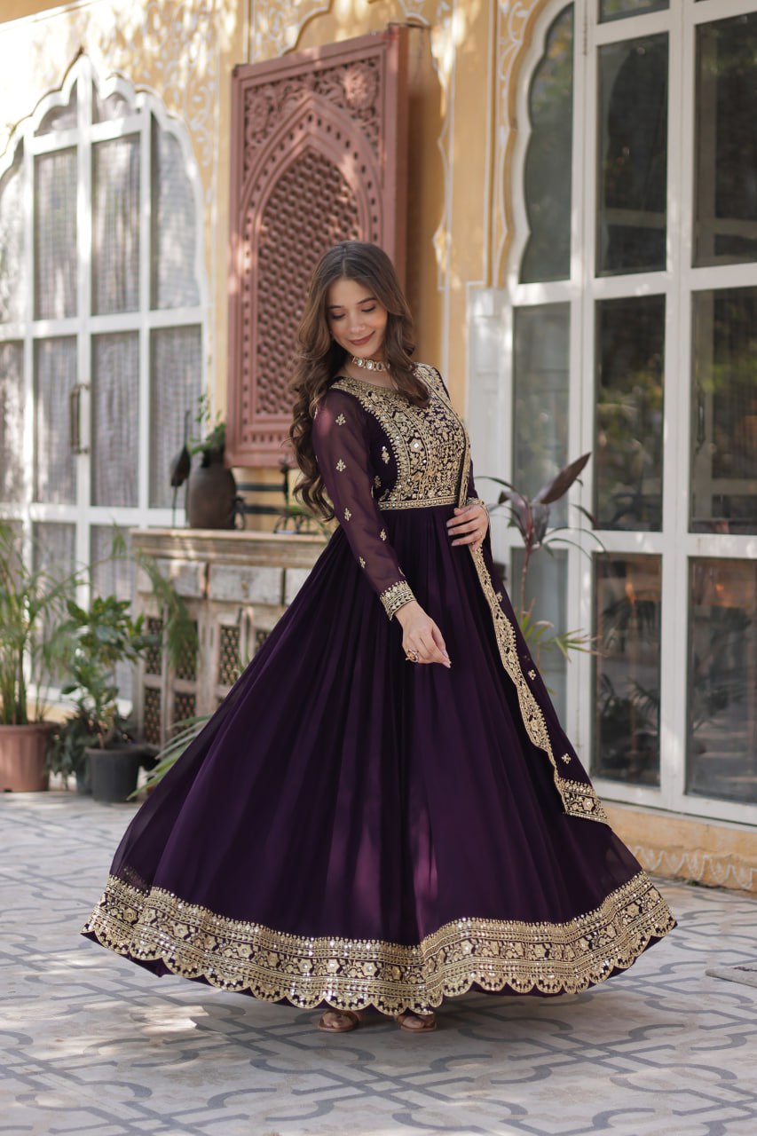 Elegant Faux Georgette Embroidered Gown With Dupatta