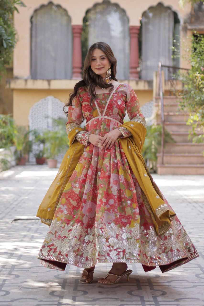 Elegant Russian Silk Anarkali Set With Embroidered Dupatta
