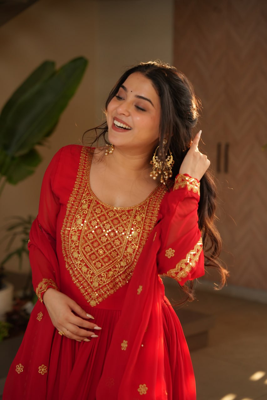 Lovely Faux Georgette Zari Sequins Embroidered Gown With Dupatta