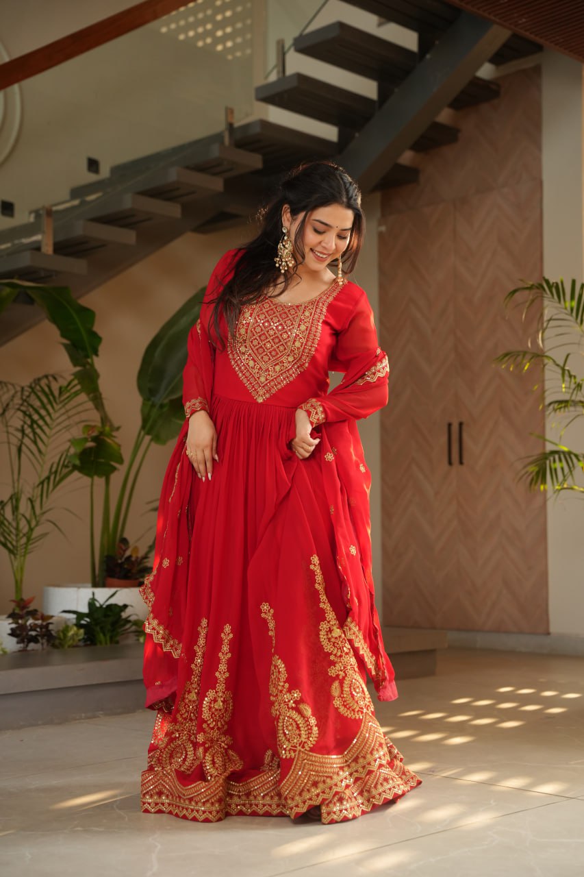 Lovely Faux Georgette Zari Sequins Embroidered Gown With Dupatta