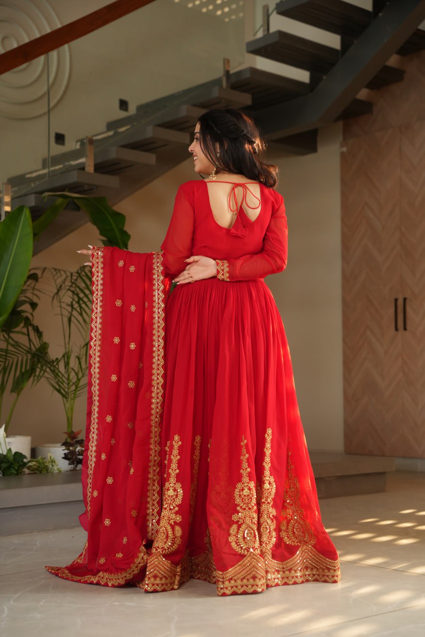 Lovely Faux Georgette Zari Sequins Embroidered Gown With Dupatta