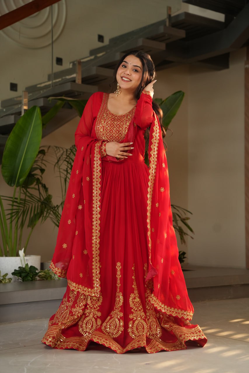 Lovely Faux Georgette Zari Sequins Embroidered Gown With Dupatta