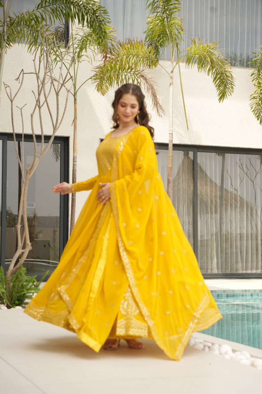 Lovely Faux Georgette Zari Sequins Embroidered Gown With Dupatta