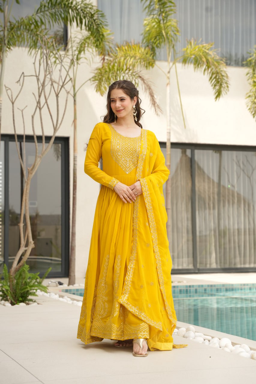 Lovely Faux Georgette Zari Sequins Embroidered Gown With Dupatta