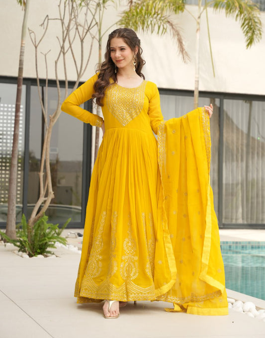 Lovely Faux Georgette Zari Sequins Embroidered Gown With Dupatta