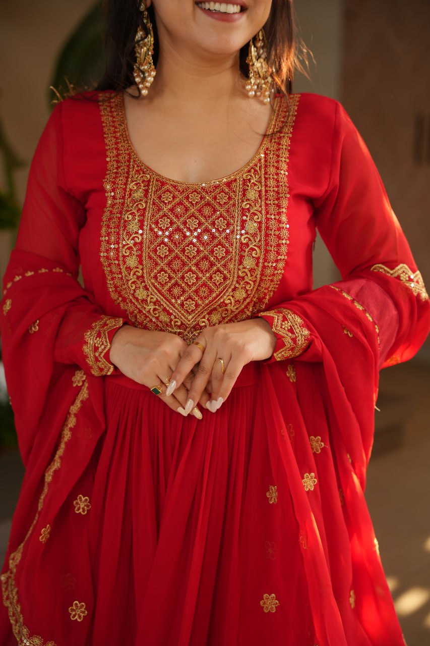 Lovely Faux Georgette Zari Sequins Embroidered Gown With Dupatta