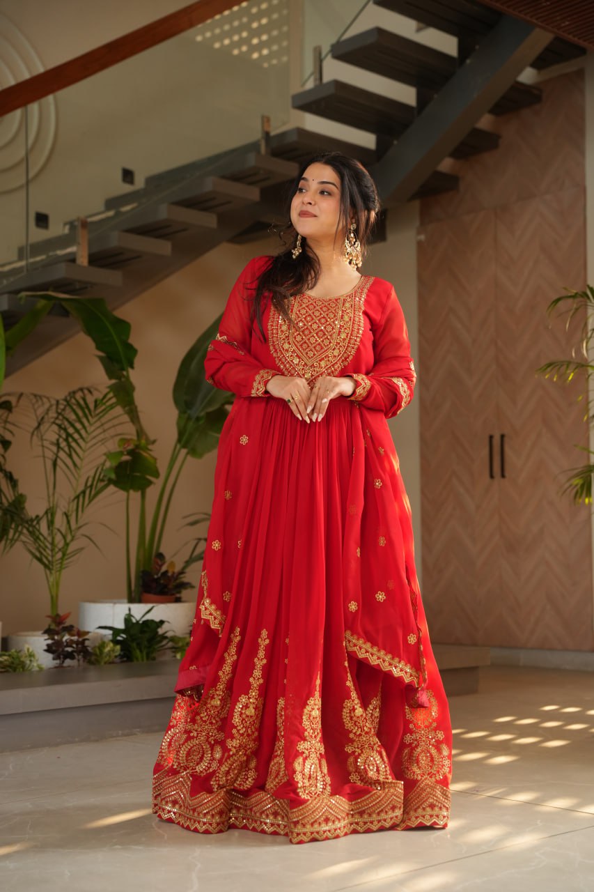 Lovely Faux Georgette Zari Sequins Embroidered Gown With Dupatta