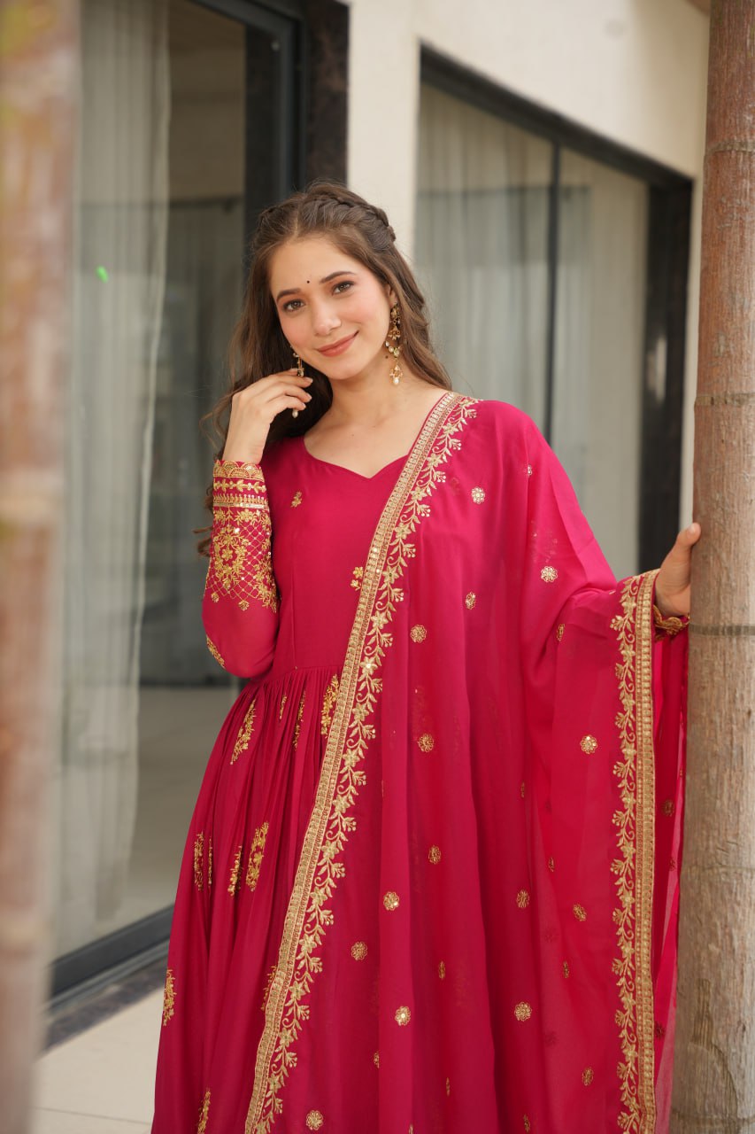 Star Georgette Zari Sequins Embroidered Gown Set With Designer Dupatta