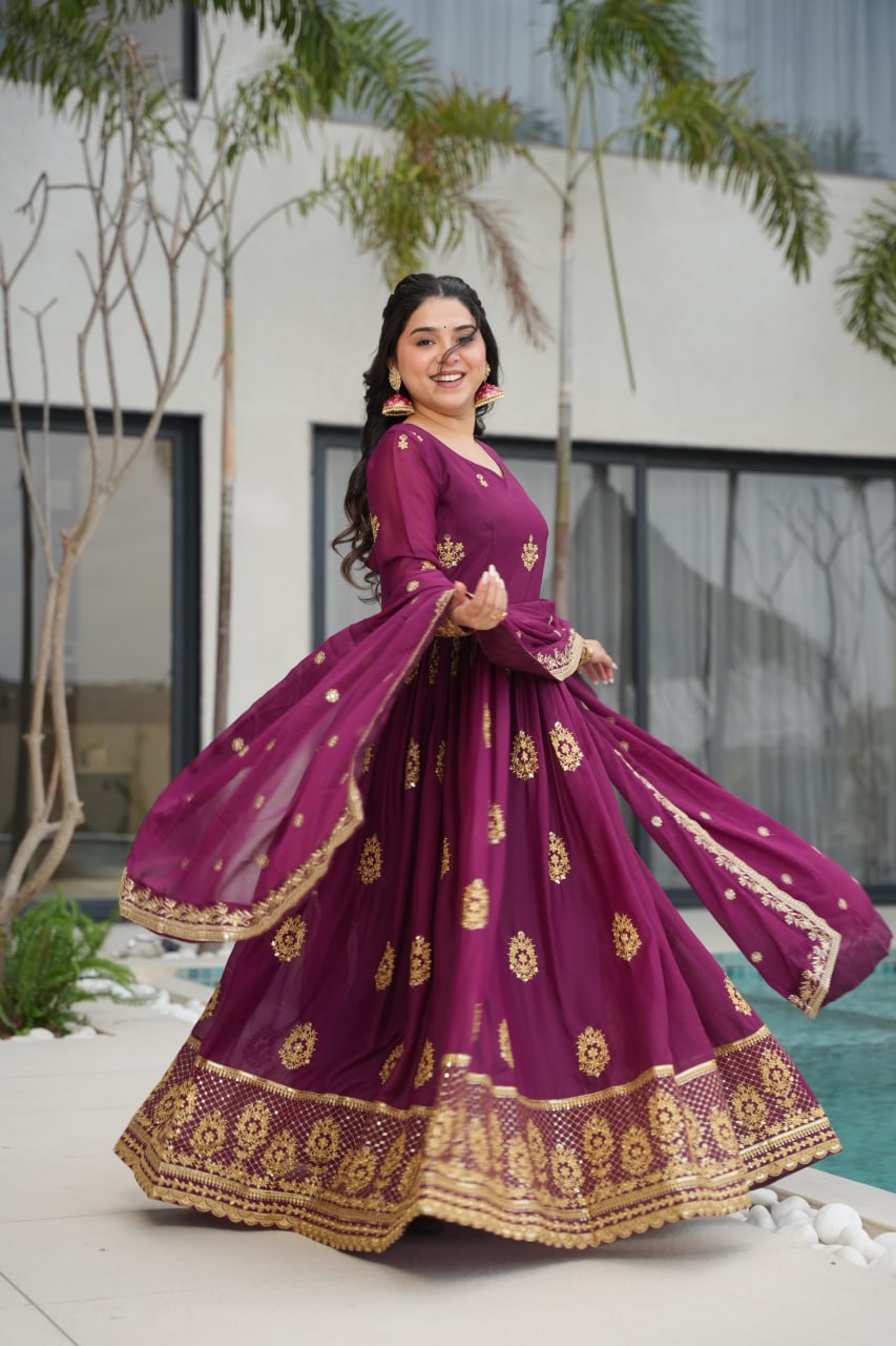 Star Georgette Zari Sequins Embroidered Gown Set With Designer Dupatta