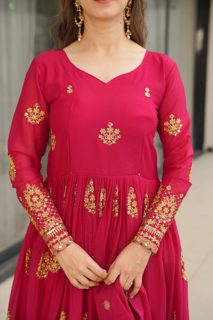 Star Georgette Zari Sequins Embroidered Gown Set With Designer Dupatta