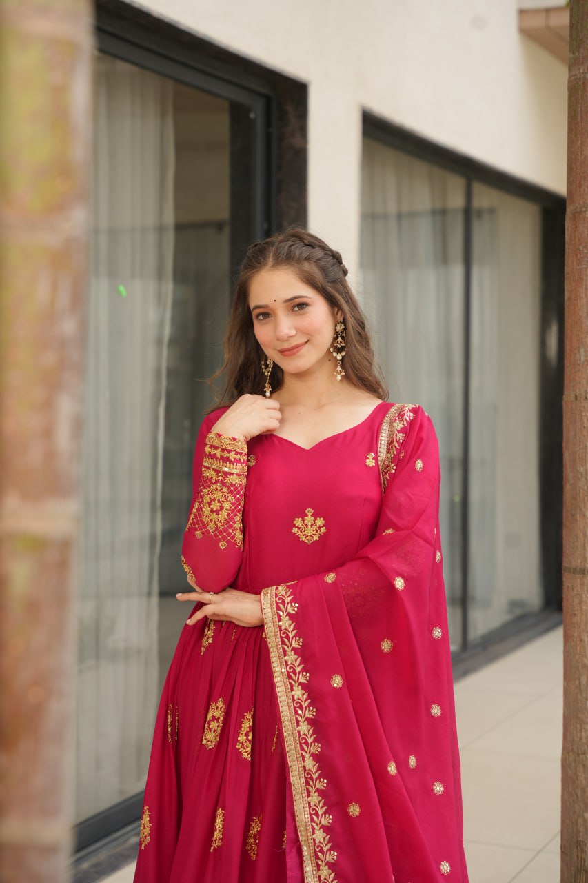 Star Georgette Zari Sequins Embroidered Gown Set With Designer Dupatta