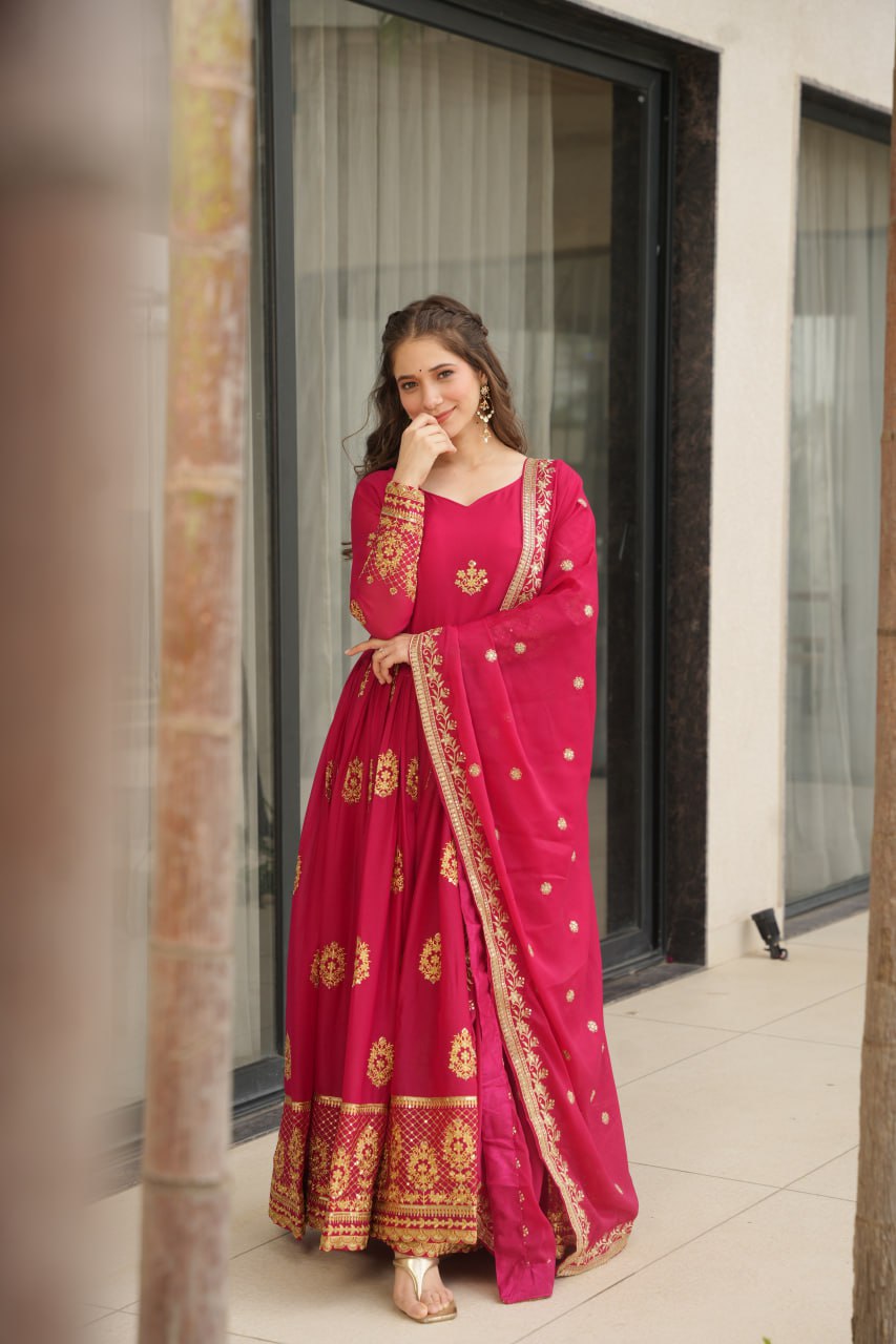 Star Georgette Zari Sequins Embroidered Gown Set With Designer Dupatta