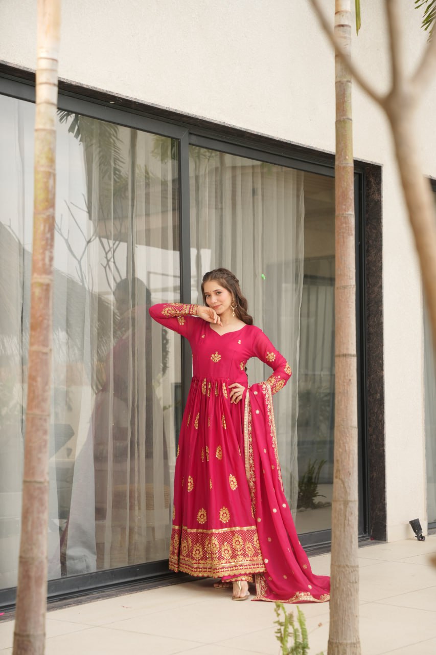 Star Georgette Zari Sequins Embroidered Gown Set With Designer Dupatta