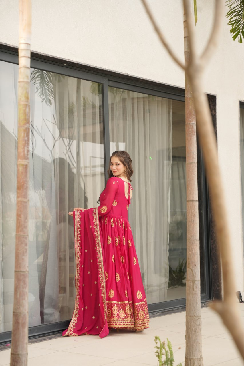 Star Georgette Zari Sequins Embroidered Gown Set With Designer Dupatta
