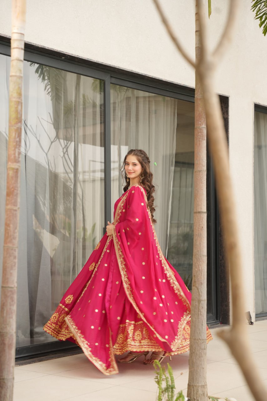 Star Georgette Zari Sequins Embroidered Gown Set With Designer Dupatta