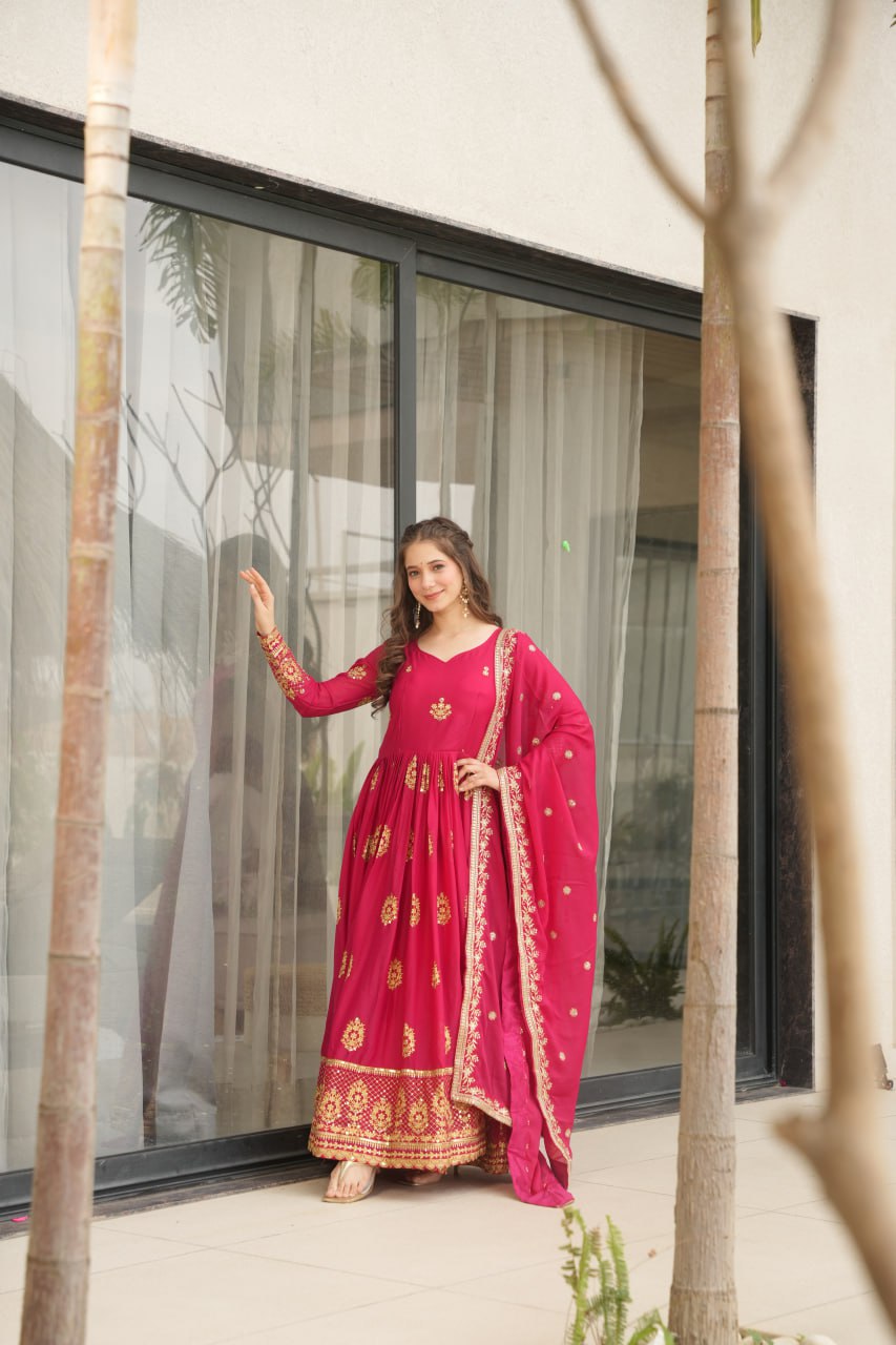 Star Georgette Zari Sequins Embroidered Gown Set With Designer Dupatta