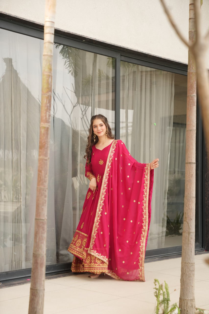 Star Georgette Zari Sequins Embroidered Gown Set With Designer Dupatta