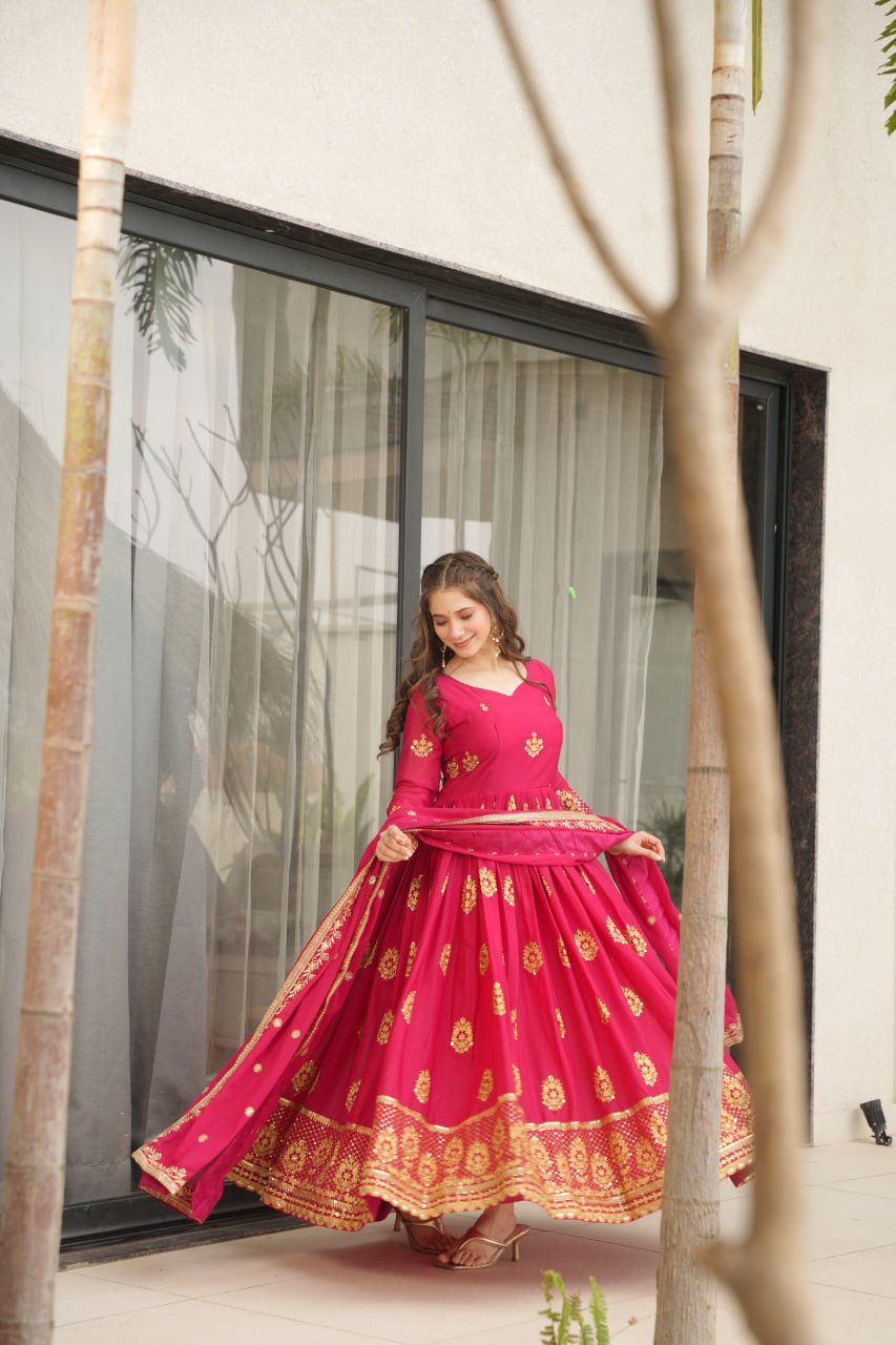 Star Georgette Zari Sequins Embroidered Gown Set With Designer Dupatta