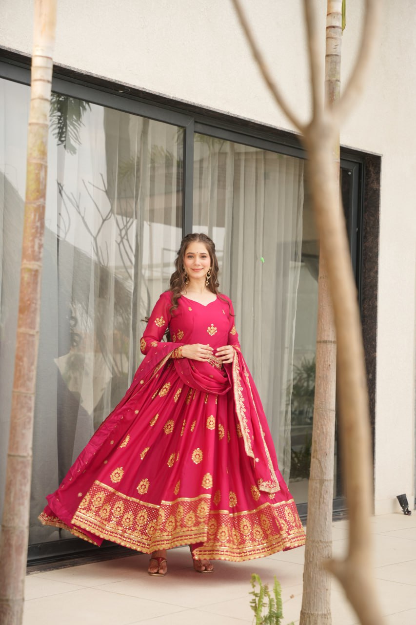 Star Georgette Zari Sequins Embroidered Gown Set With Designer Dupatta