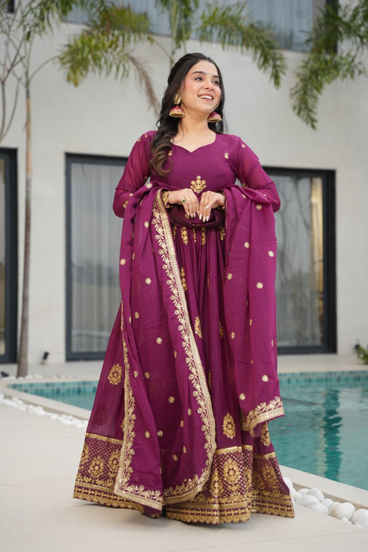 Star Georgette Zari Sequins Embroidered Gown Set With Designer Dupatta