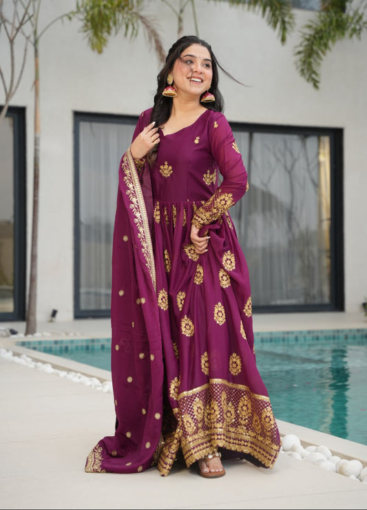 Star Georgette Zari Sequins Embroidered Gown Set With Designer Dupatta