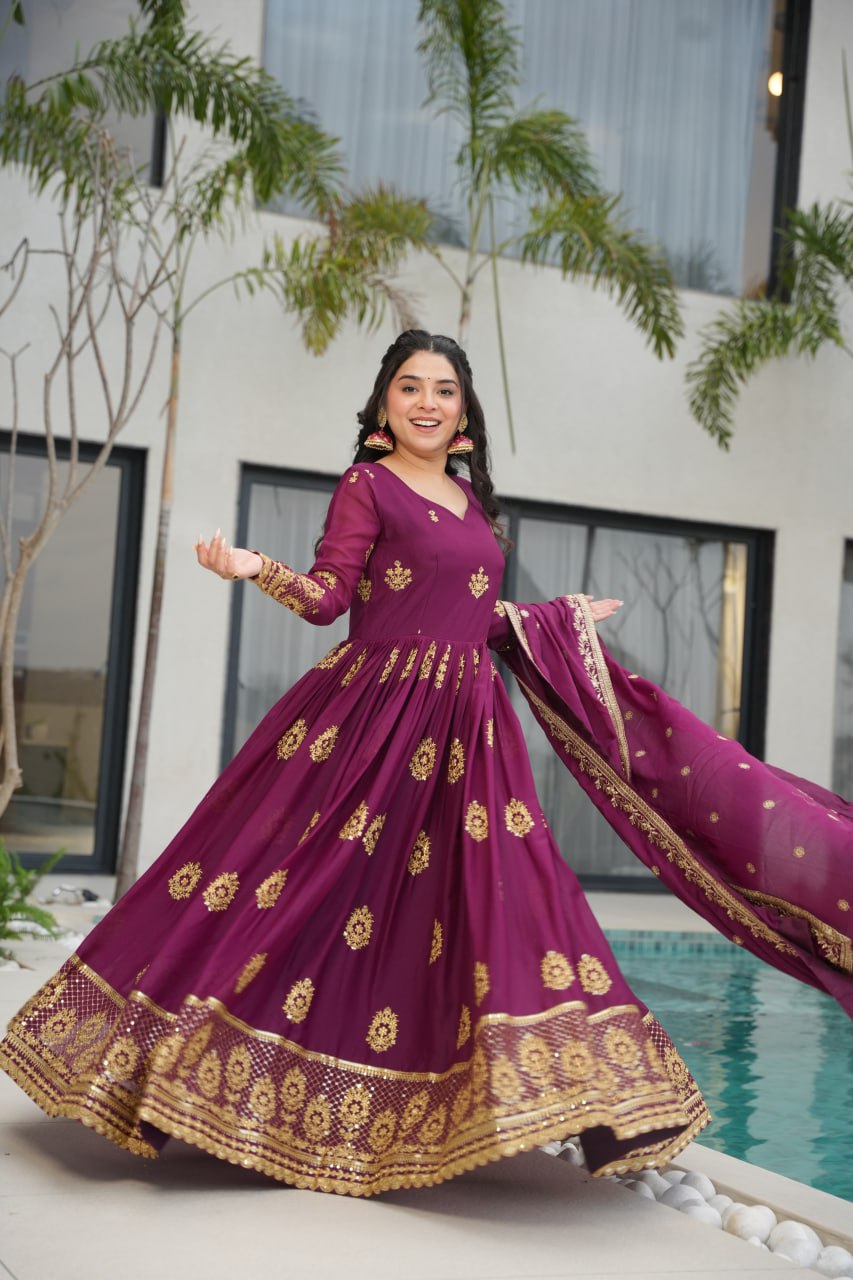 Star Georgette Zari Sequins Embroidered Gown Set With Designer Dupatta