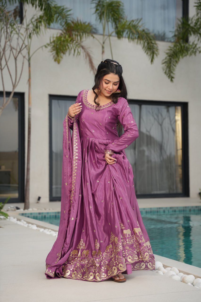 Graceful Chinon Embroidered Gown With Dupatta