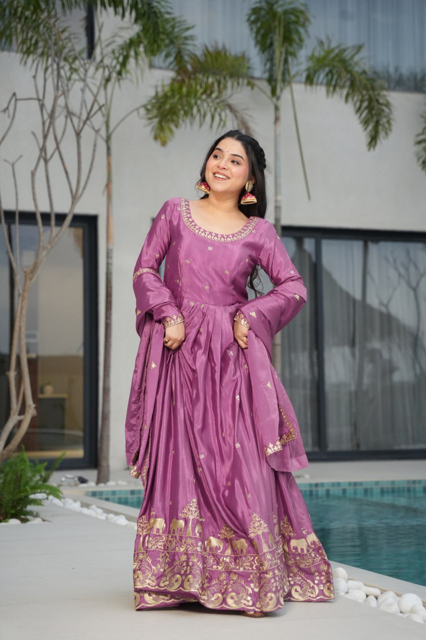 Graceful Chinon Embroidered Gown With Dupatta