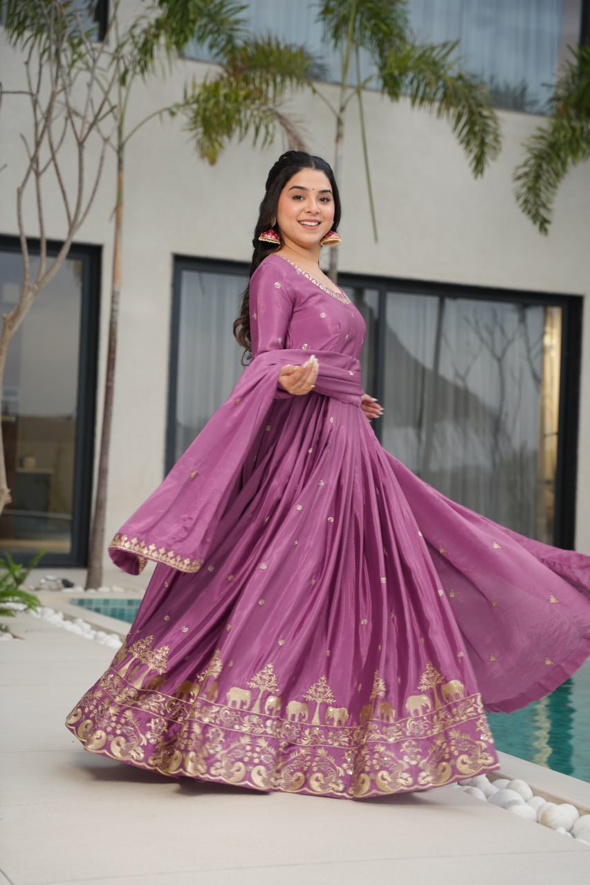 Graceful Chinon Embroidered Gown With Dupatta