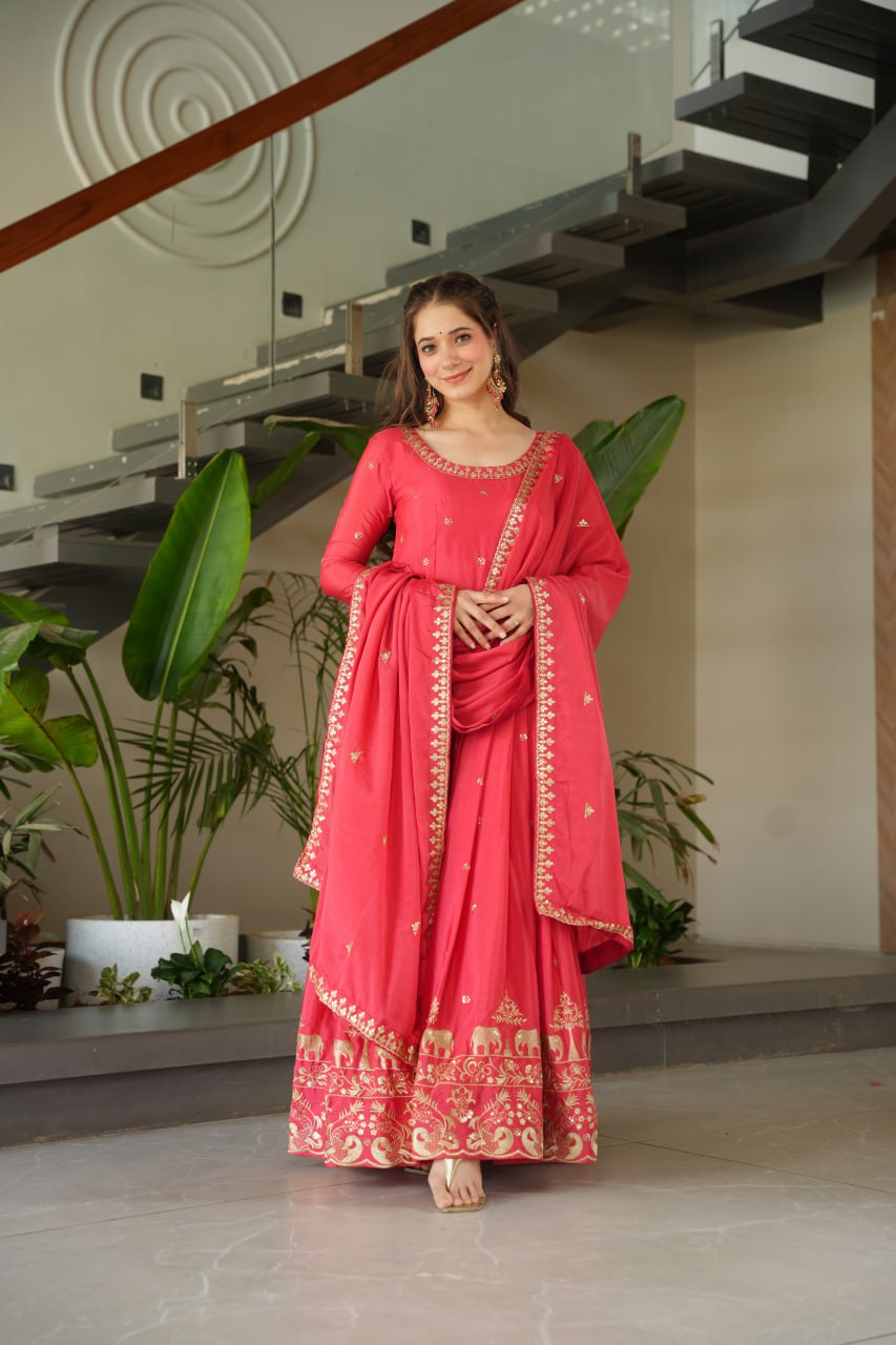 Graceful Chinon Embroidered Gown With Dupatta