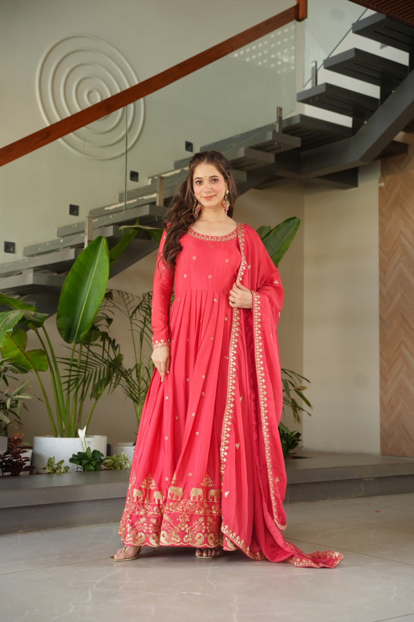 Graceful Chinon Embroidered Gown With Dupatta