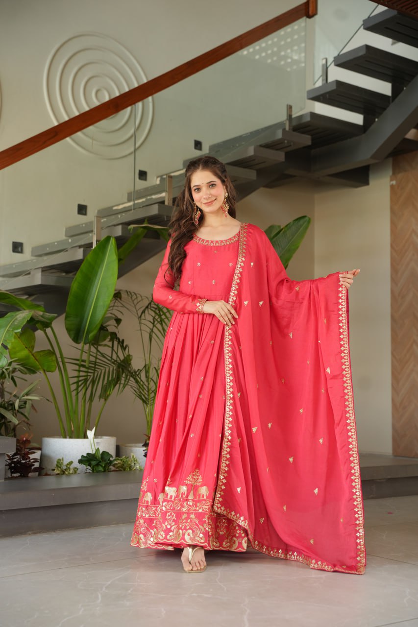 Graceful Chinon Embroidered Gown With Dupatta