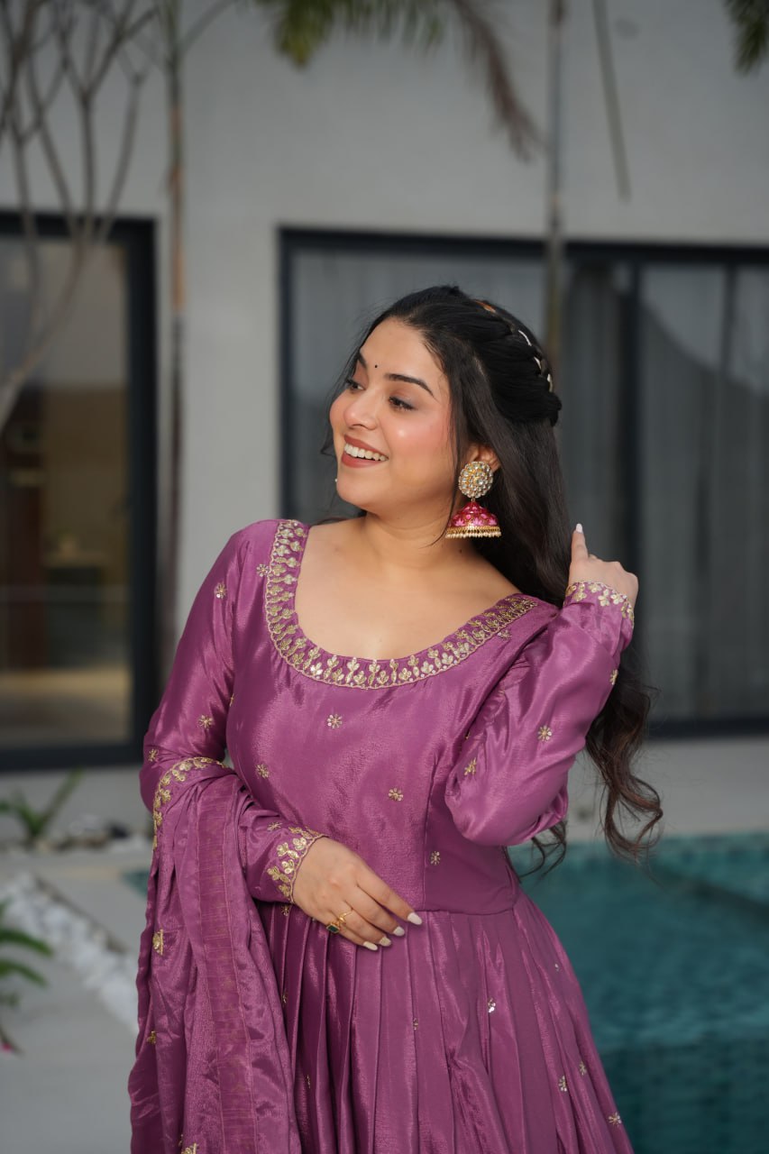 Graceful Chinon Embroidered Gown With Dupatta
