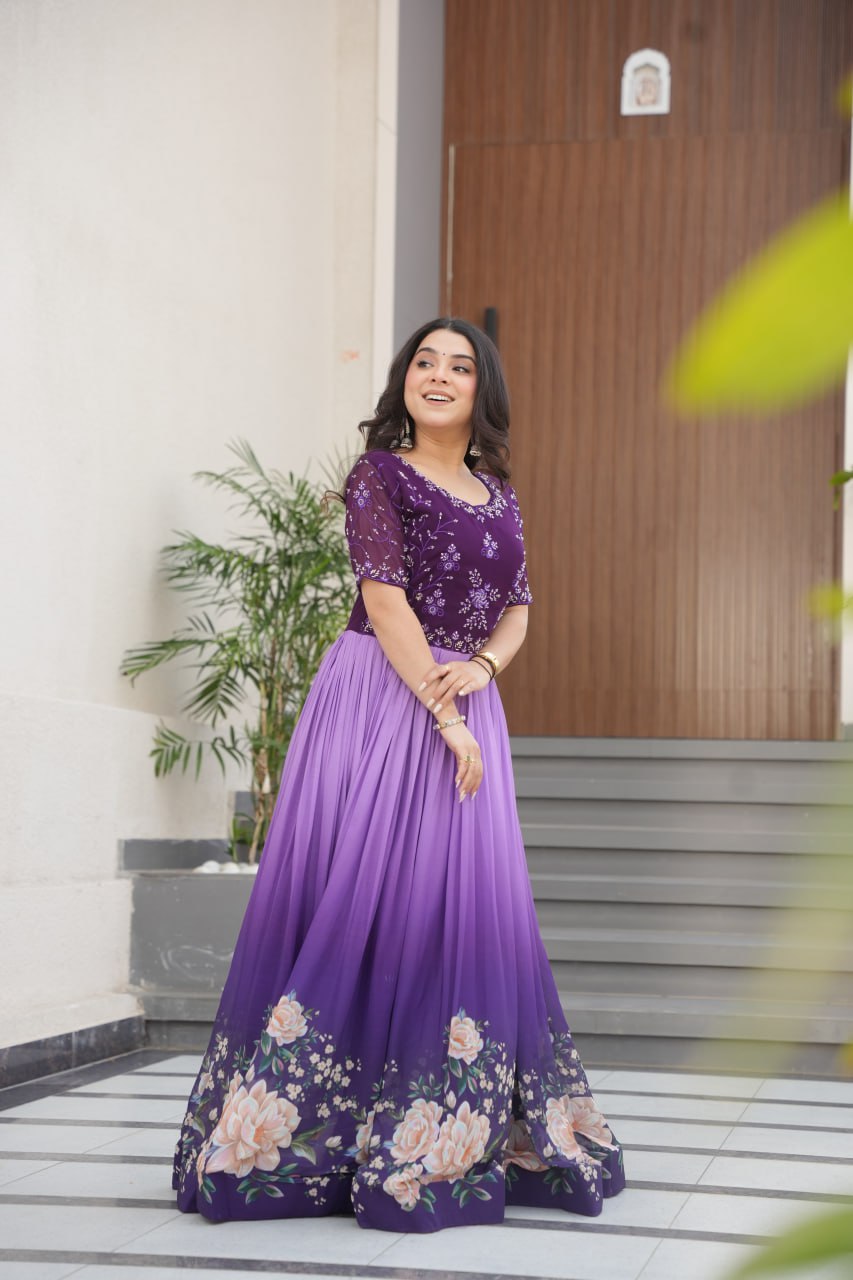 Floral Beaded Embroidered Faux Georgette Gown
