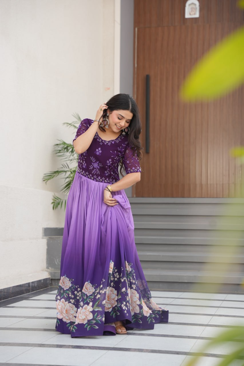 Floral Beaded Embroidered Faux Georgette Gown
