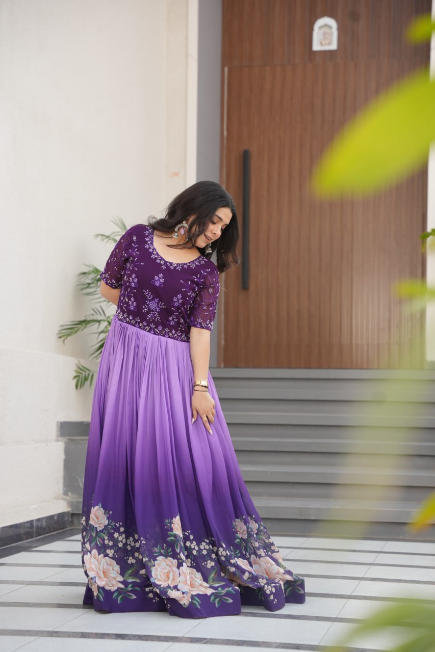 Floral Beaded Embroidered Faux Georgette Gown